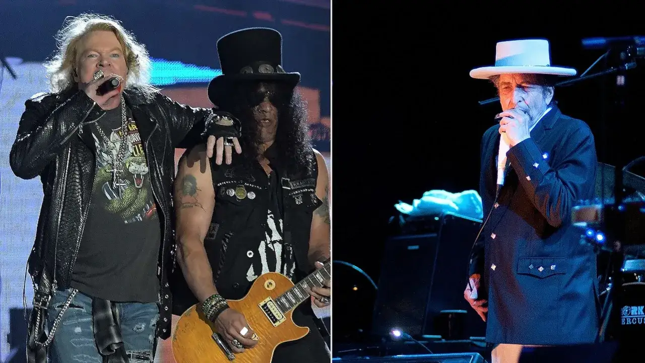 Axl Rose i Slash z Guns N' Roses wykonują "Knockin' on Heaven's Door". Obok Bob Dylan.