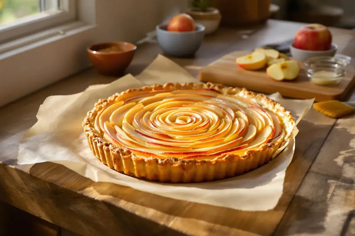 Délicieuse tarte aux pommes en spirale sur une pâte feuilletée dorée, prête à être dégustée.