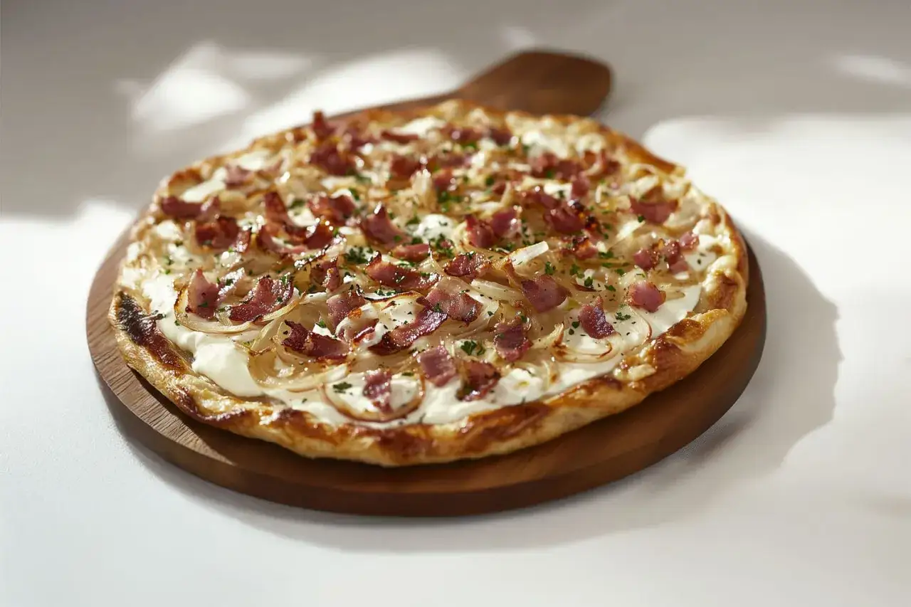 Flammekueche garnie d'oignons et de lardons, un accompagnement parfait pour un repas convivial.