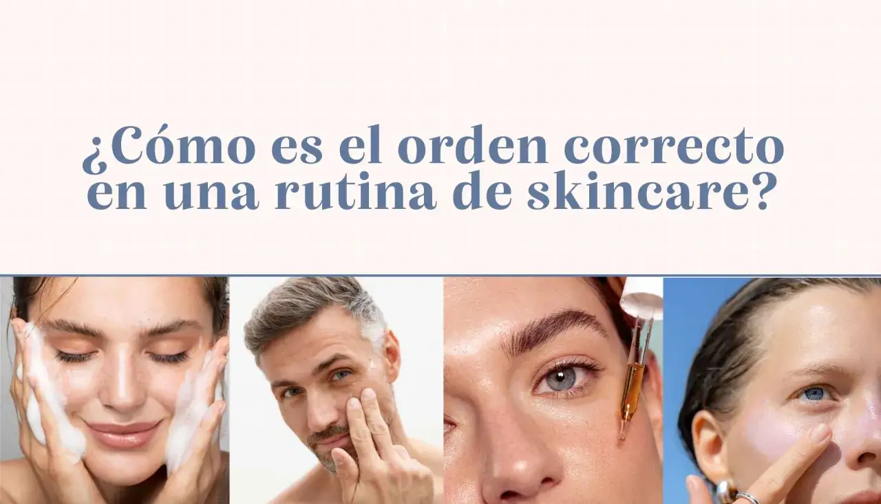 Cuatro personas mostrando pasos de una rutina skincare: limpieza, aplicación de crema, sérum y protector solar.