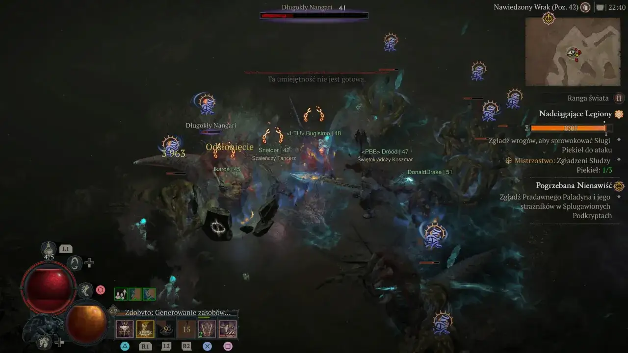 Intensywna walka w Diablo 4. Barbarzyńca z potężnym diablo 4 barbarzyńca build walczy z hordą wrogów, wykorzystując swoje umiejętności.