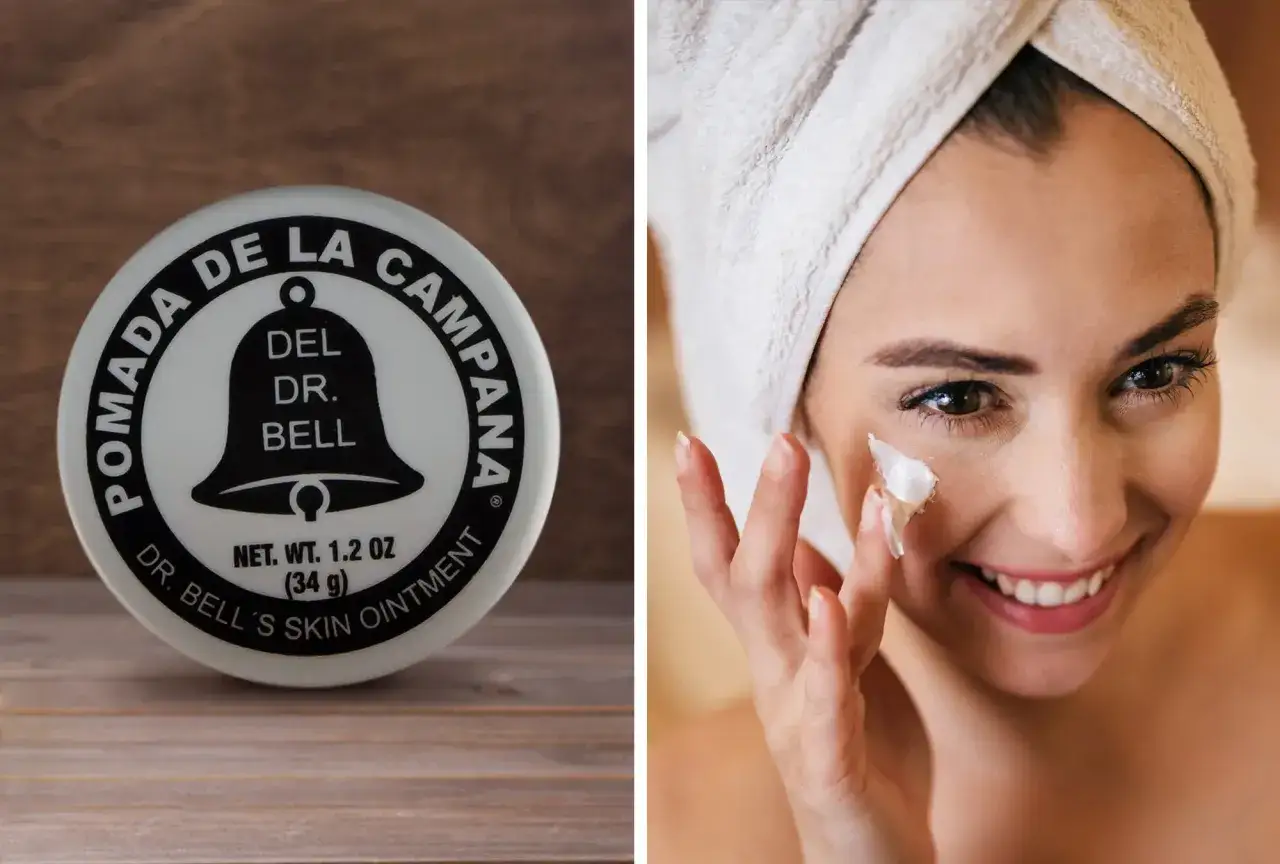 Pomada Dr. Bell's, la crema la campana, aplicada en el rostro de una mujer sonriente con toalla en la cabeza.