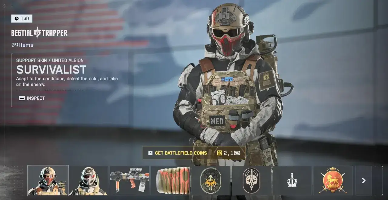 Postać w zimowym kamuflażu z maską, gotowa do walki w grach podobnych do Battlefield.
