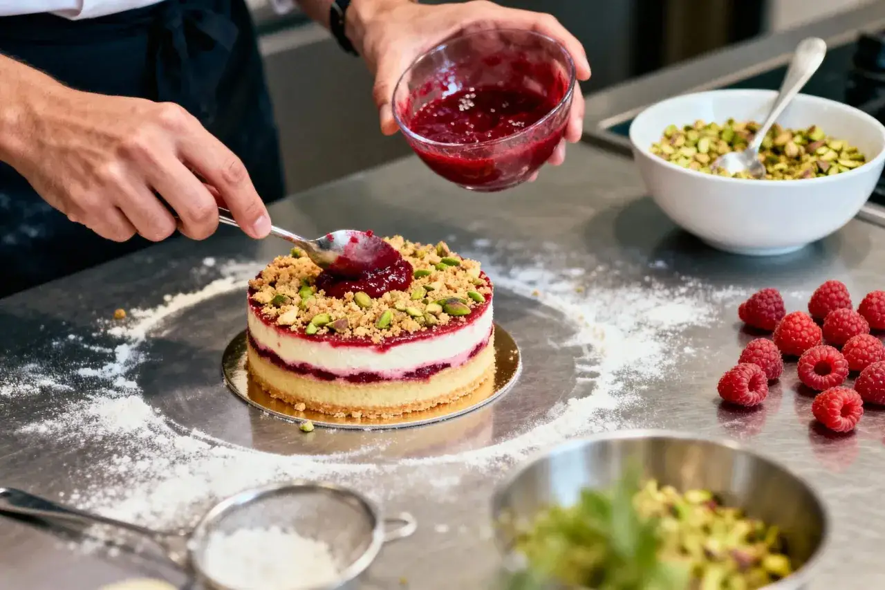 Un chef ajoute une touche finale à un gâteau, déposant une compotée pour créer un insert croustillant framboise.