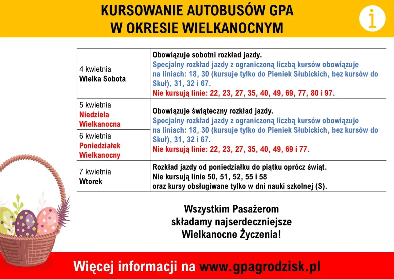 Rozkład jazdy PKS Grodzisk Mazowiecki na okres Wielkanocy. Specjalne kursy i wyłączenia linii.