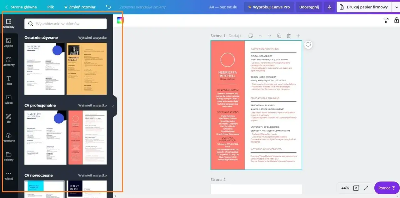 Szablony CV w programie Canva pomogą Ci stworzyć profesjonalny dokument.