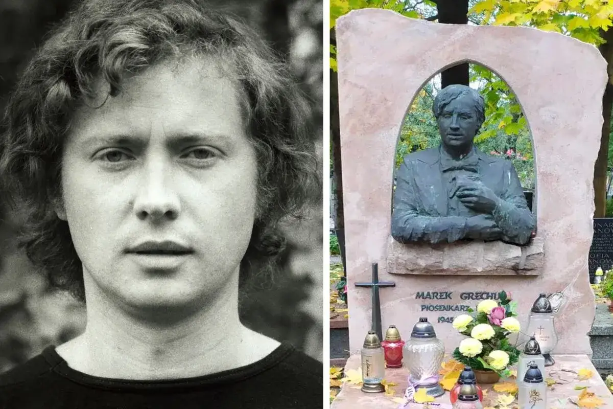 Marek Grechuta żyje w pamięci. Obok jego młodej fotografii nagrobek z jego popiersiem i napisem "Marek Grechuta Piosenkarz 1945".