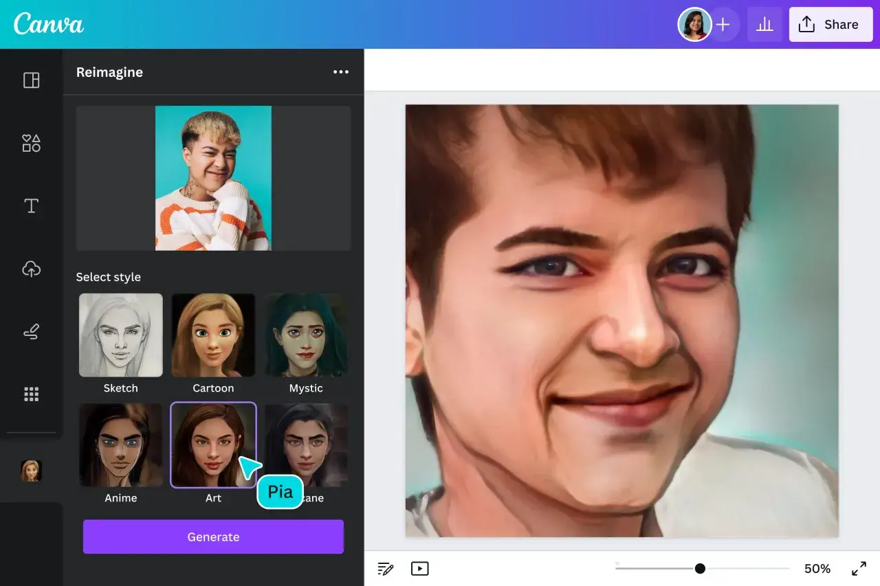 Przerabianie zdjęć AI za darmo w Canvie. Wybierz styl "Art" dla portretu.