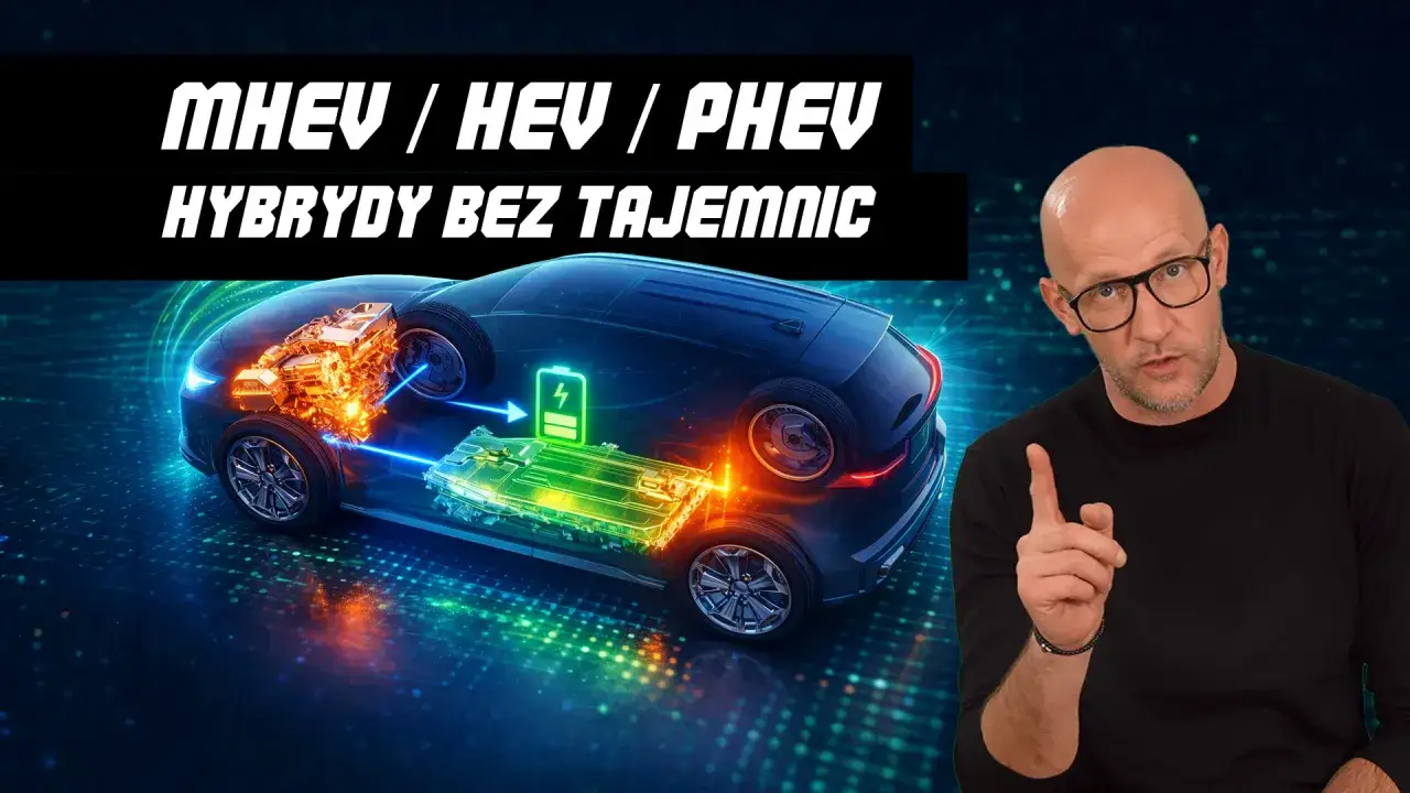 Wyjaśnienie, jak działa hybryda: schemat samochodu z widocznym silnikiem i baterią, obok mężczyzna tłumaczący.