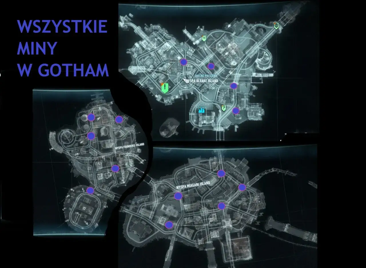 Mapa z zaznaczonymi minami w Gotham. Poradnik Batman Arkham Asylum pomoże Ci je odnaleźć.