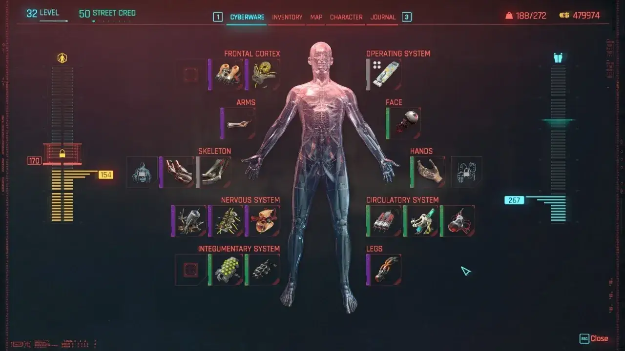 Cyberpunk poradnik: interfejs postaci z widocznym cyberwarem, od systemów operacyjnych po nogi.