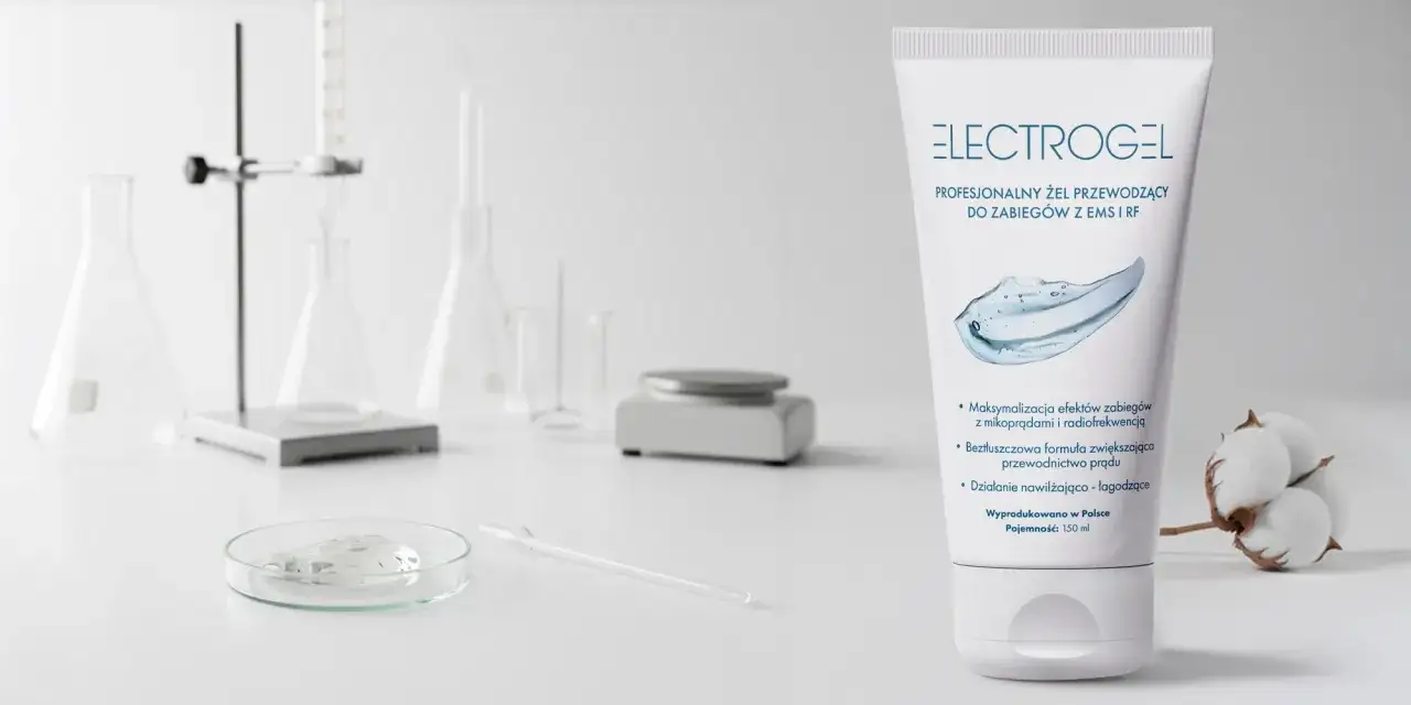 Profesjonalny żel do masażu Electrogel, idealny do zabiegów EMS i RF. W tle laboratoryjny sprzęt.
