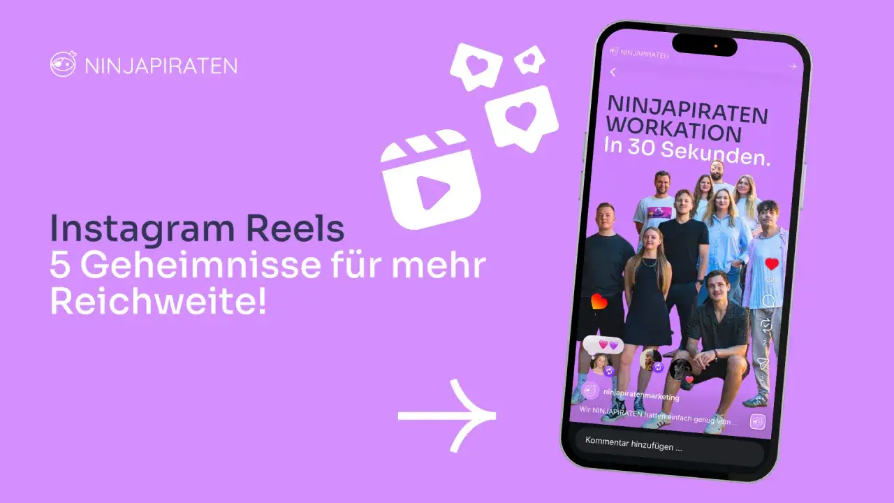 Instagram Reel-Symbol und ein Smartphone mit einer Gruppe von Menschen und Text.