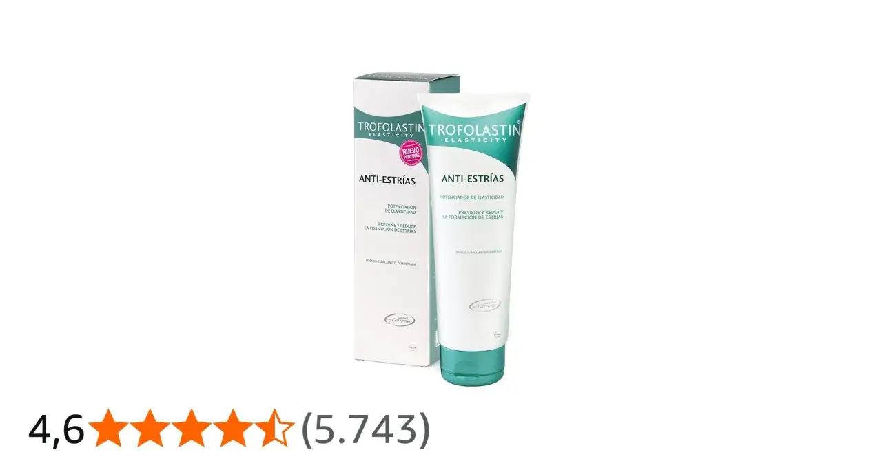 Crema antiestrías Trofolastin, con potencia de rosa mosqueta, previene y reduce la formación de estrías.