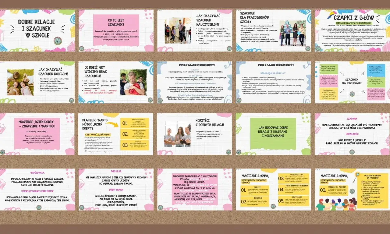 Grafika przedstawia kolaż slajdów z poradami dotyczącymi szacunku i dobrych relacji w szkole.