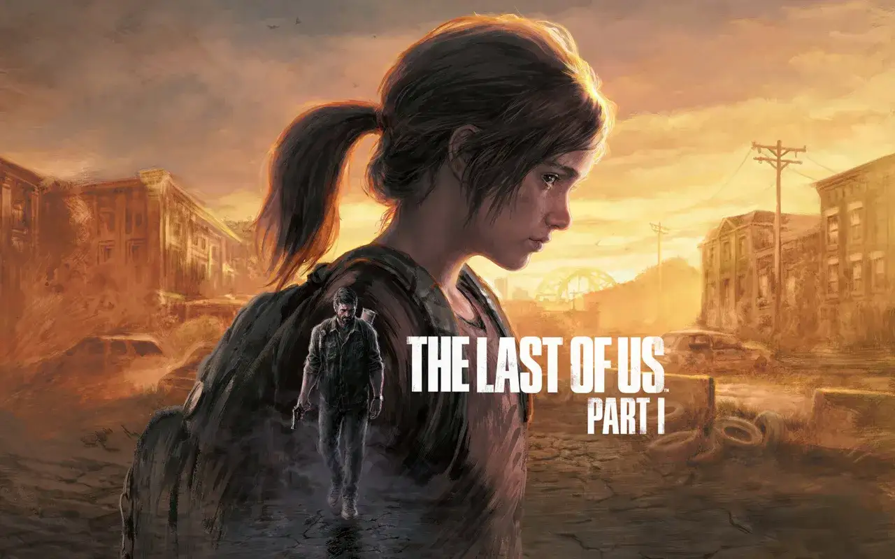 Ellie patrzy w dal, a Joel idzie za nią przez zniszczone miasto. To okładka gry The Last of Us Part I.