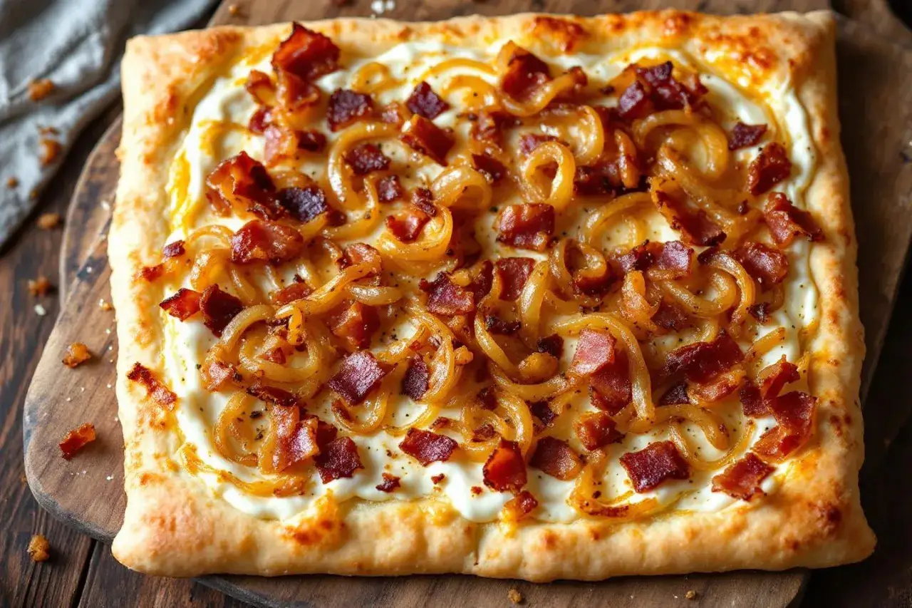 Flammekueche prête à déguster, garnie d'oignons caramélisés et de lardons croustillants sur une pâte fine et dorée. Un délice !