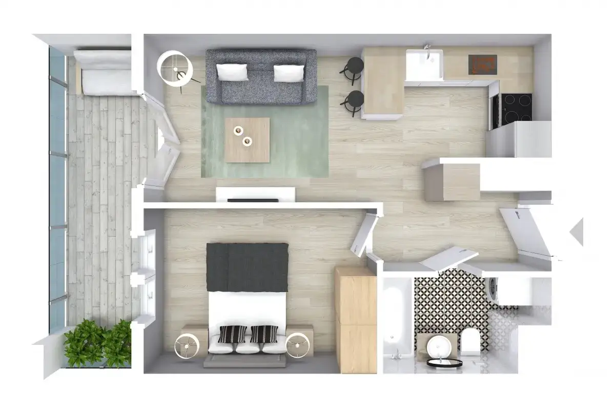 Nowoczesny projekt mieszkania: salon z sofą, kuchnia z wyspą, sypialnia z łóżkiem, łazienka z wanną i pralką, balkon z roślinami.