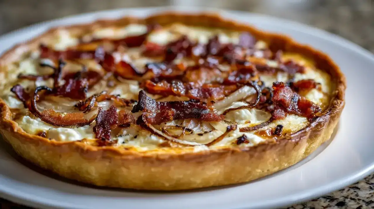 Flammekueche, une tarte garnie de lardons et d'oignons, évoque son origine alsacienne.