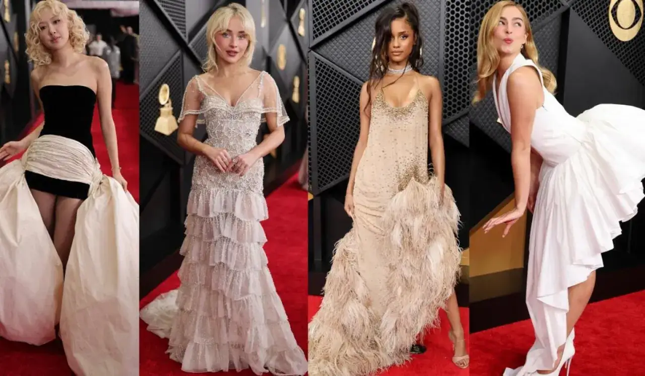 Cuatro mujeres deslumbran en la alfombra roja, anticipando los Grammys 2026 con vestidos espectaculares.