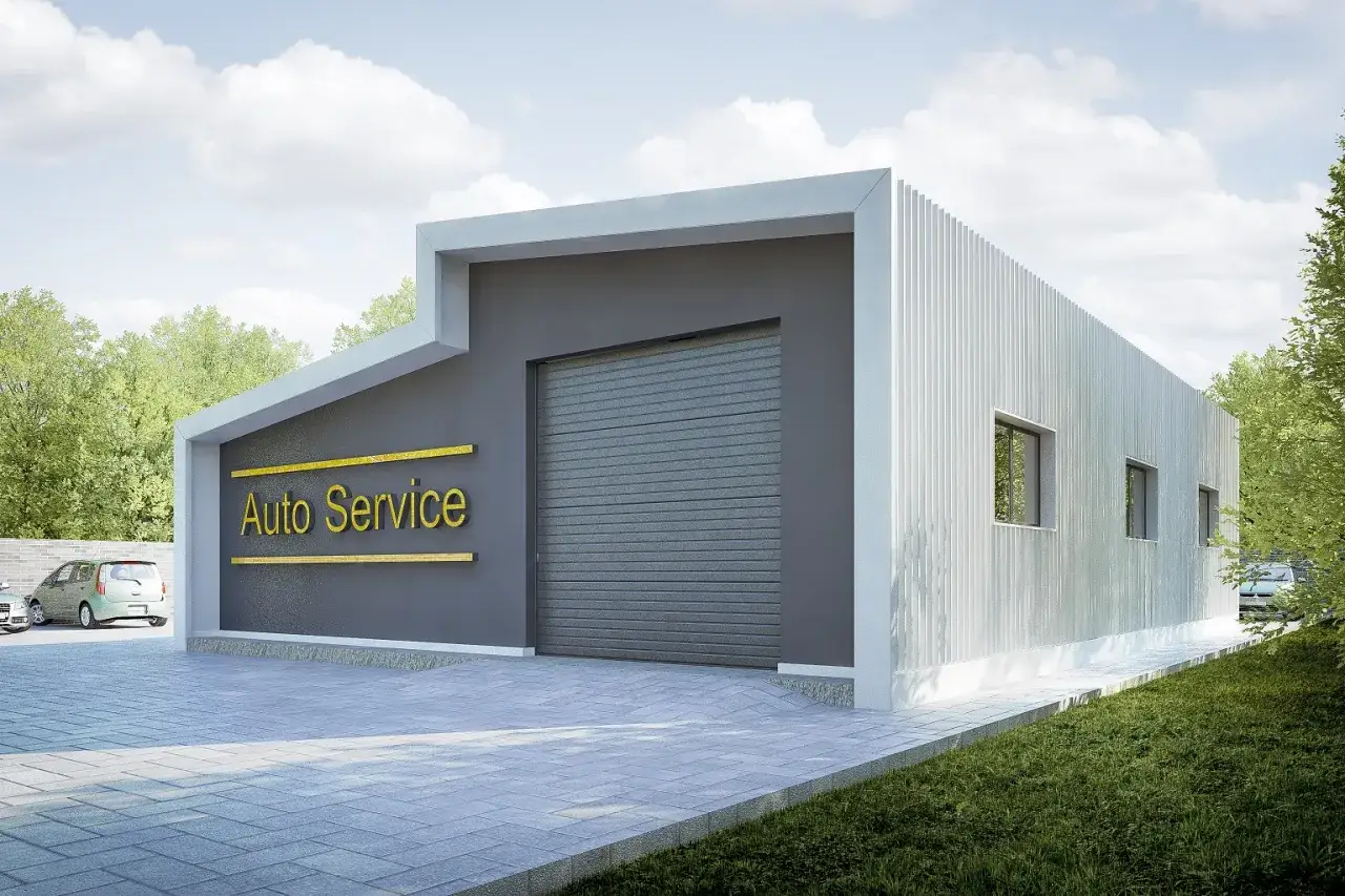 Nowoczesny warsztat samochodowy "Auto Service" z podjazdem i zielenią. Zastanawiasz się, ile kosztuje budowa warsztatu samochodowego?