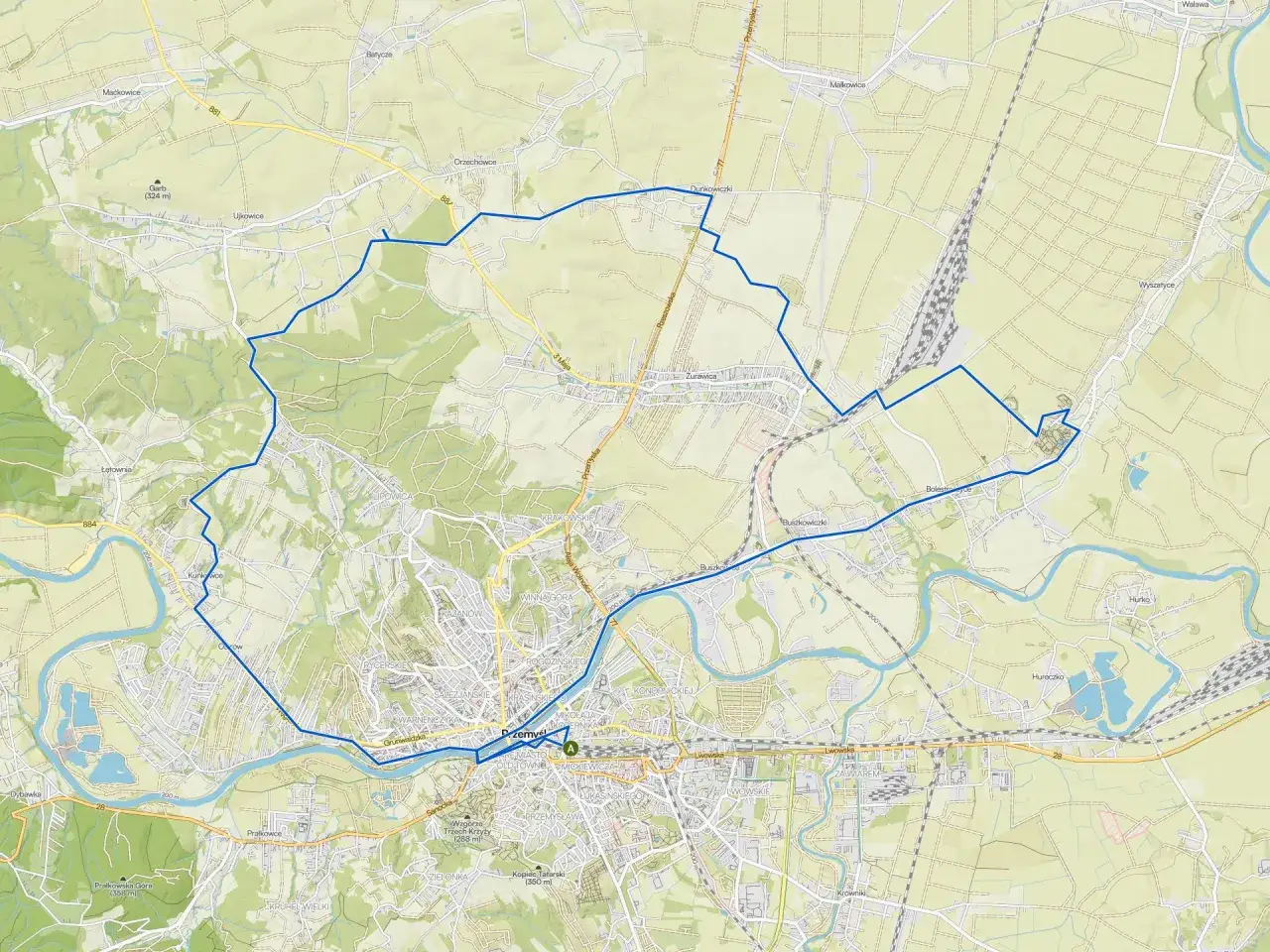 Mapa z zaznaczoną pętlą tras rowerowych Podkarpacie, prowadzącą przez malownicze tereny wokół Przemyśla.