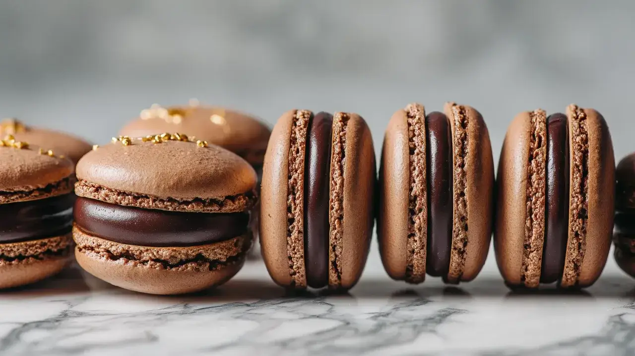 Délicieux macarons au chocolat, parfaits pour une recette macaron chocolat gourmande. Garniture riche et coques aériennes.