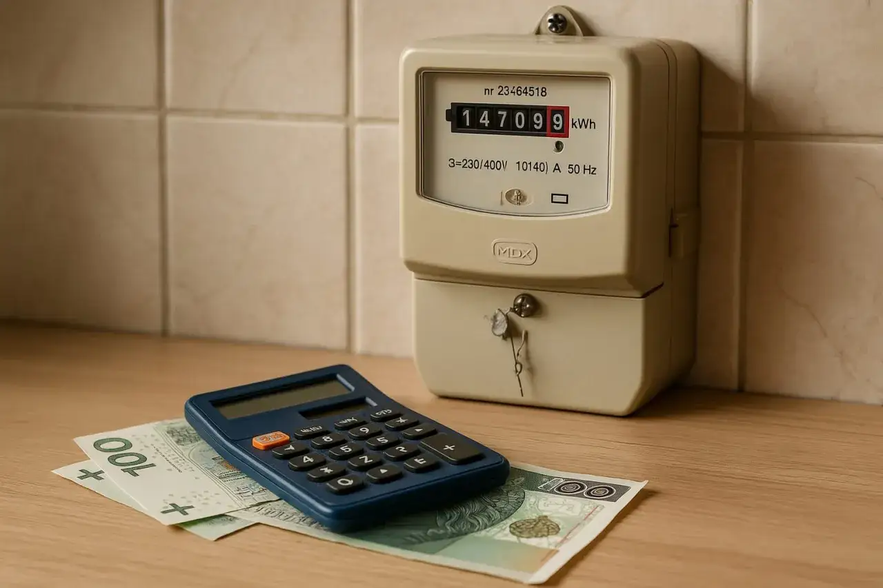 Kalkulator i licznik energii elektrycznej obok banknotów. Obrazek pomaga zrozumieć, jak przeliczyć kw na kwh.