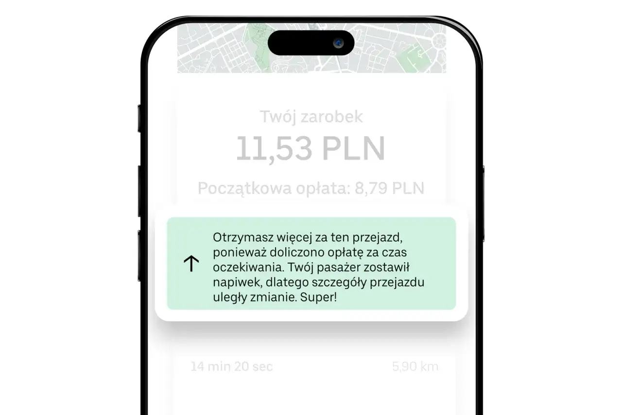 Uber cennik: zarobek 11,53 PLN, doliczona opłata za czekanie i napiwek pasażera.