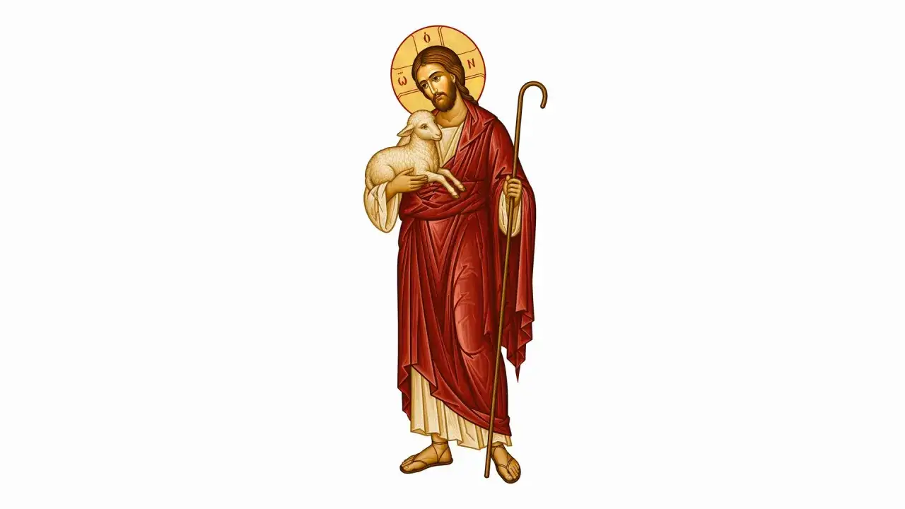 Jezus dobry pasterz, trzymający na rękach jagnię i laskę pasterską. Wokół głowy ma złoty nimb.