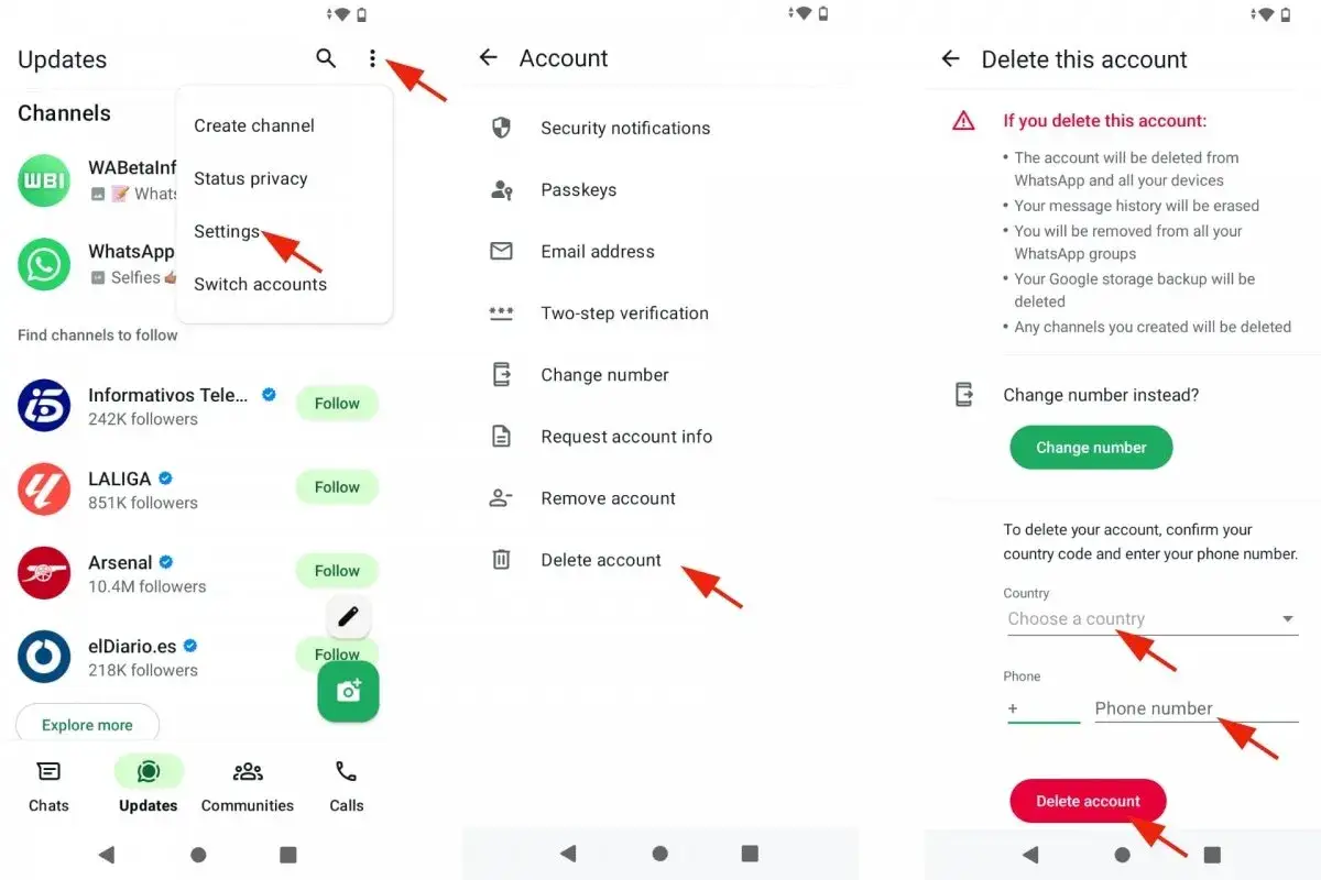 WhatsApp-Menü mit Pfeilen, die auf Einstellungen, Konto löschen und Telefonnummern-Eingabe zeigen.