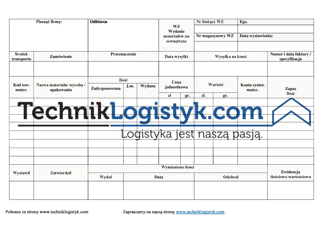Formularz WZ (wydanie zewnętrzne) z danymi firmy TechnikLogistyk.com. Zawiera pola na dane odbiorcy, materiału, ilości, ceny i kosztów wysyłki.