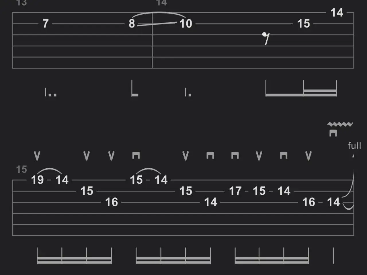 Fragment tabulatury gitarowej z nutami i oznaczeniami, w tym "fade to black tab".