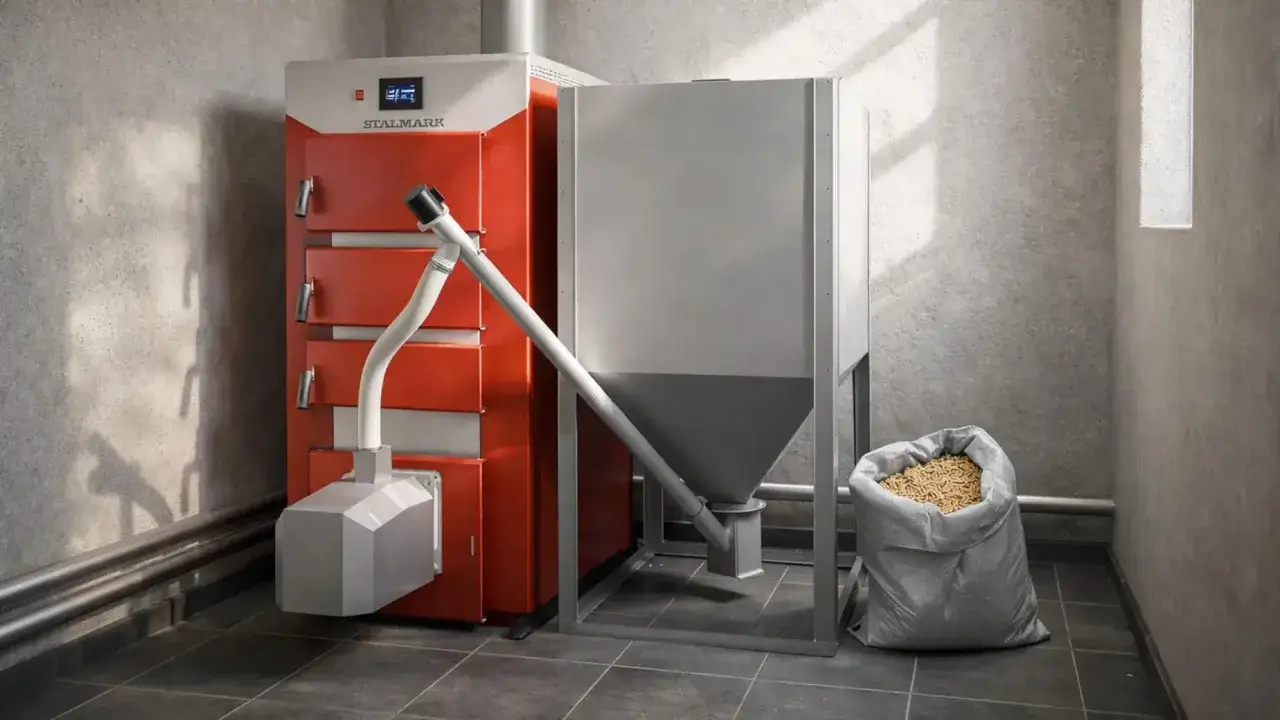 Nowoczesny piec na pellet Stalmark z zasobnikiem i workiem pelletu. Idealny, by wybrać, jaki piec na pellet do domu 120m2 zapewni ciepło.