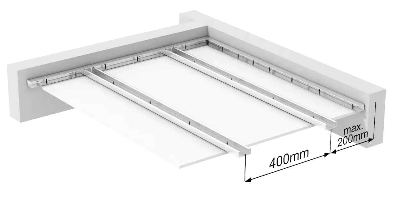 Konstrukcja sufitu podwieszanego z płyt gipsowo-kartonowych. Widoczny stelaż metalowy, płyty i wymiary: 400mm i max. 200mm.