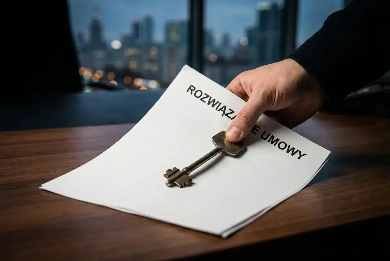 Dłoń kładzie klucz na dokumencie "Rozwiązanie umowy". Konsekwencje porzucenia pracy mogą być dalekosiężne.