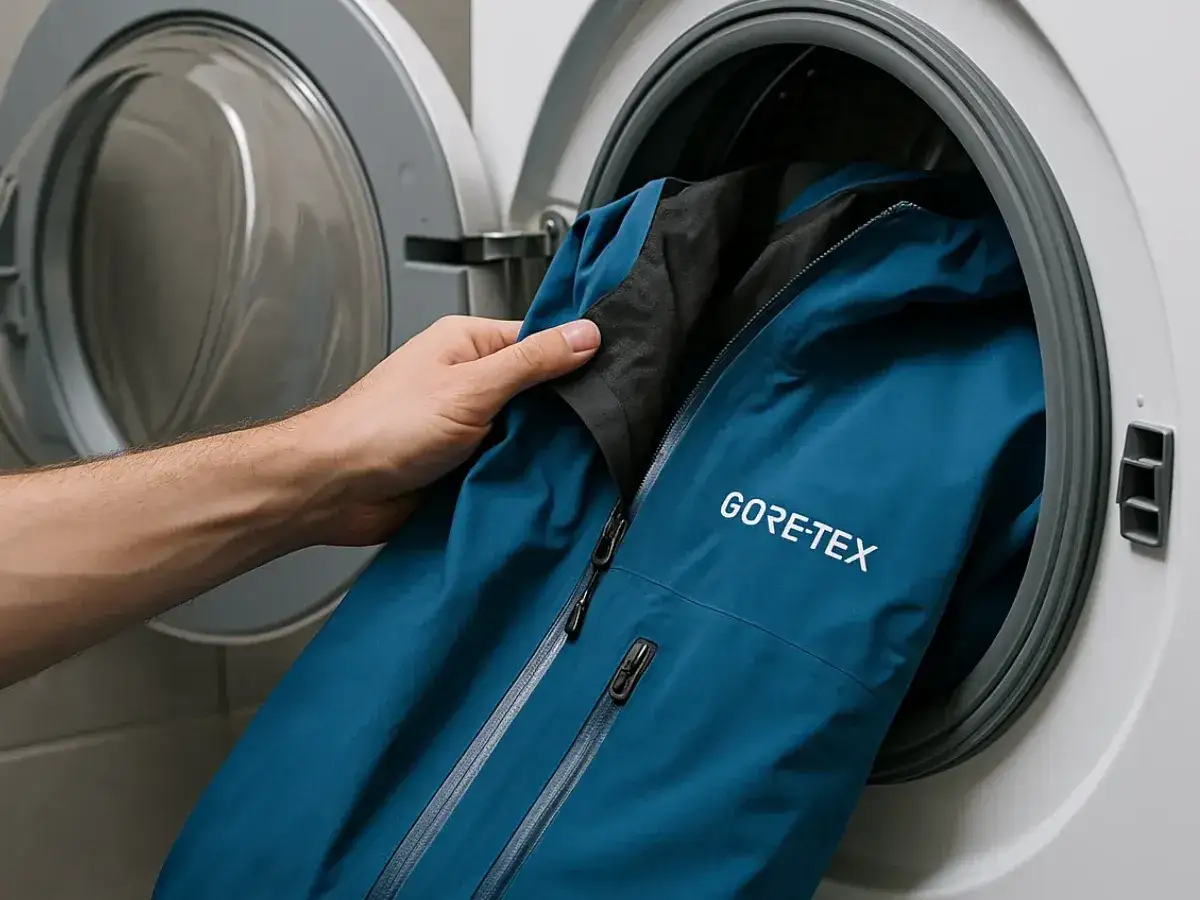 Mano mete chaqueta azul GORE-TEX en lavadora. Aprende cómo lavar Goretex para mantener su impermeabilidad.
