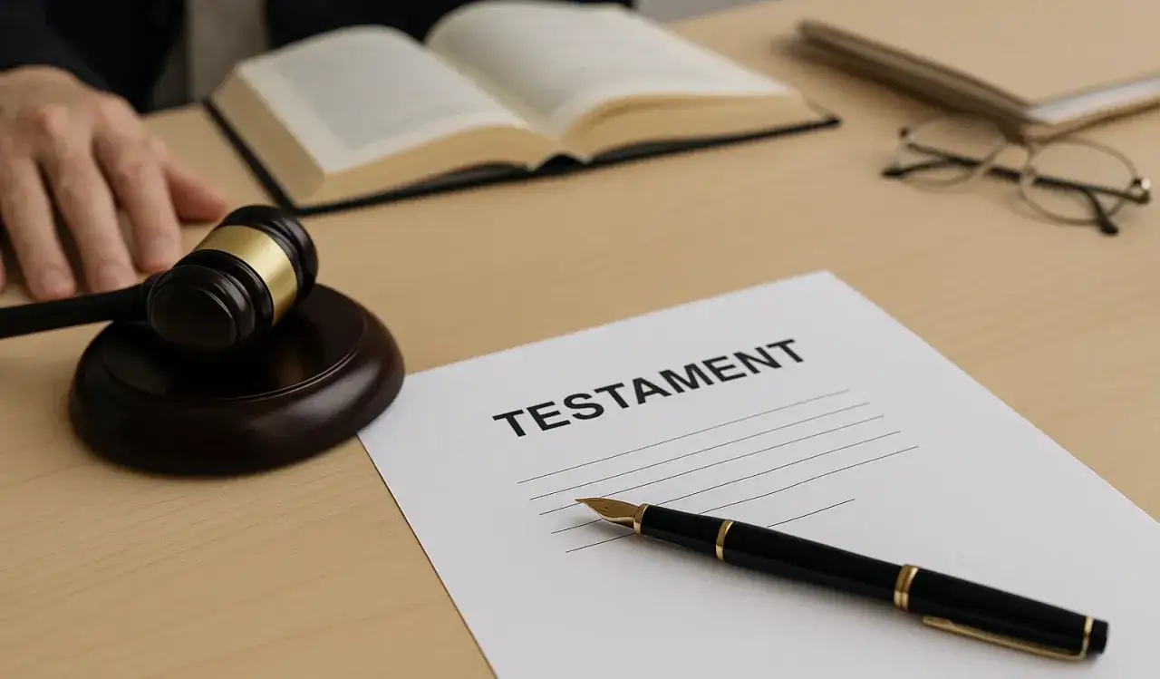 Sądowy młotek, otwarte księgi i pióro czekają na podpisanie testamentu notarialnego.