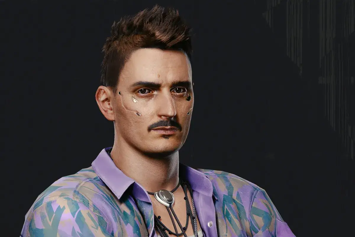 Dawid Podsiadło w stylu cyberpunk, z cybernetycznymi implantami na twarzy i kolorową koszulą.