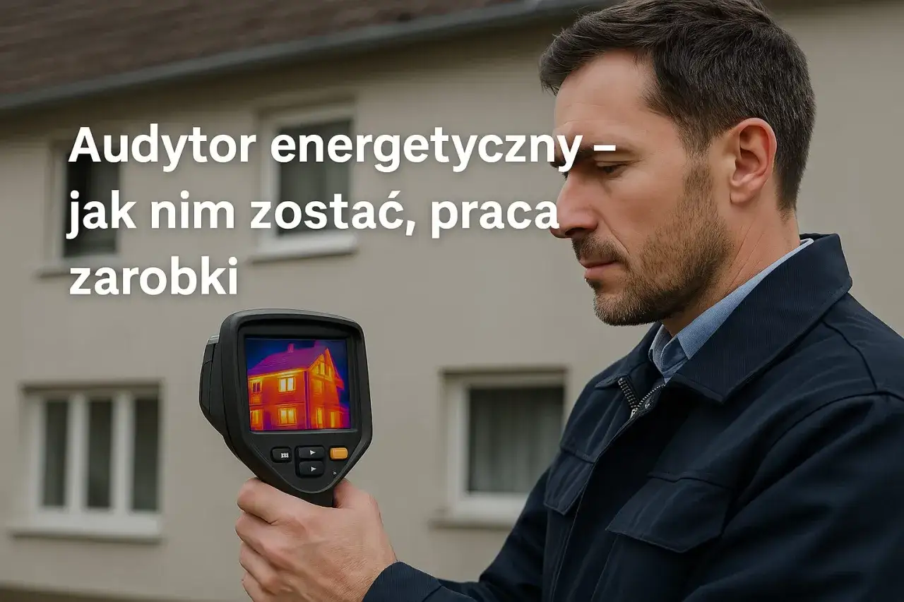 Mężczyzna z kamerą termowizyjną bada dom. Dowiedz się, jak zostać audytorem energetycznym, jakie są zarobki i możliwości pracy.