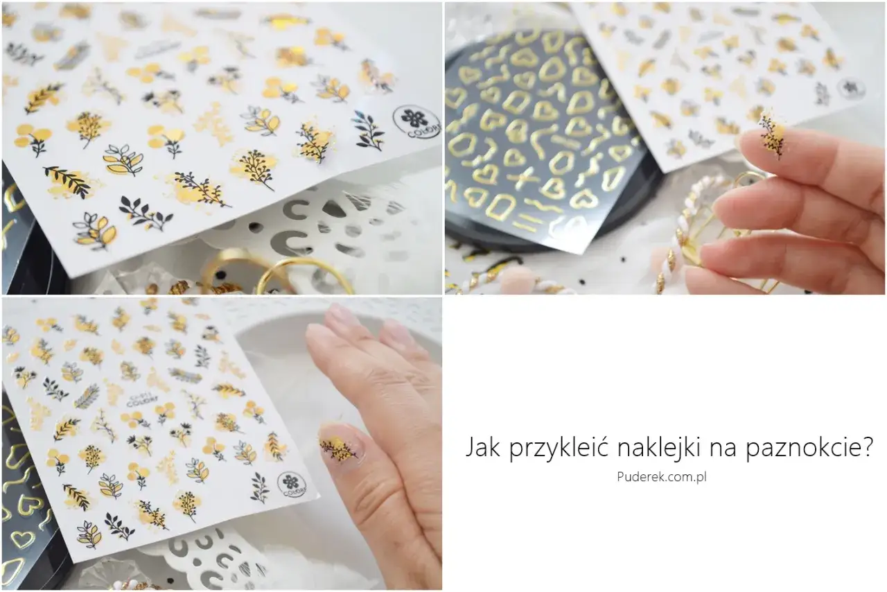 Złote naklejki na paznokcie z motywem roślinnym. Dowiedz się, jak przykleić naklejki na paznokcie, by stworzyć efektowny manicure.