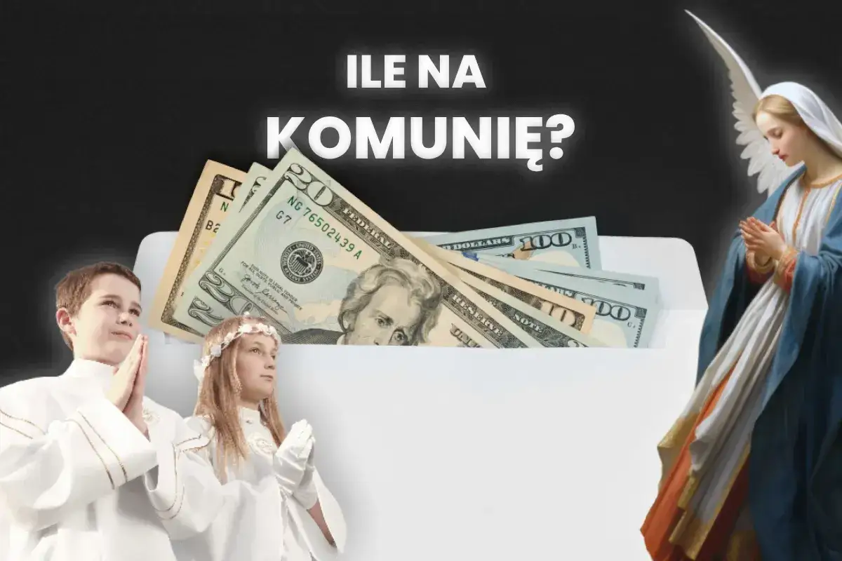 Dzieci w strojach komunijnych, koperta z dolarami i Matka Boska. Ile dać na komunię wnuczce?
