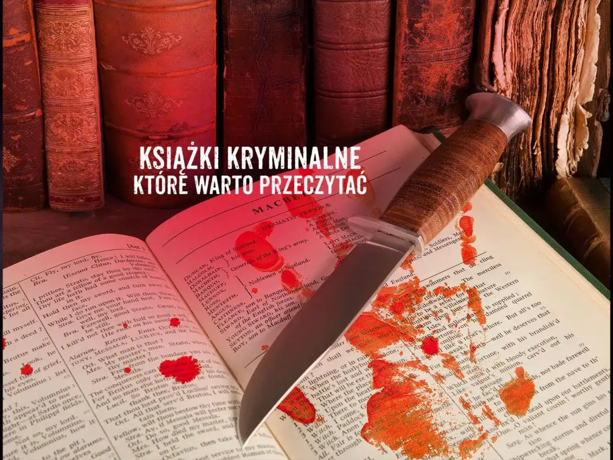 Krwawe ślady na stronach książki i nóż sugerują mroczne historie. To idealny obraz dla fanów **najlepszych serii kryminalnych**.