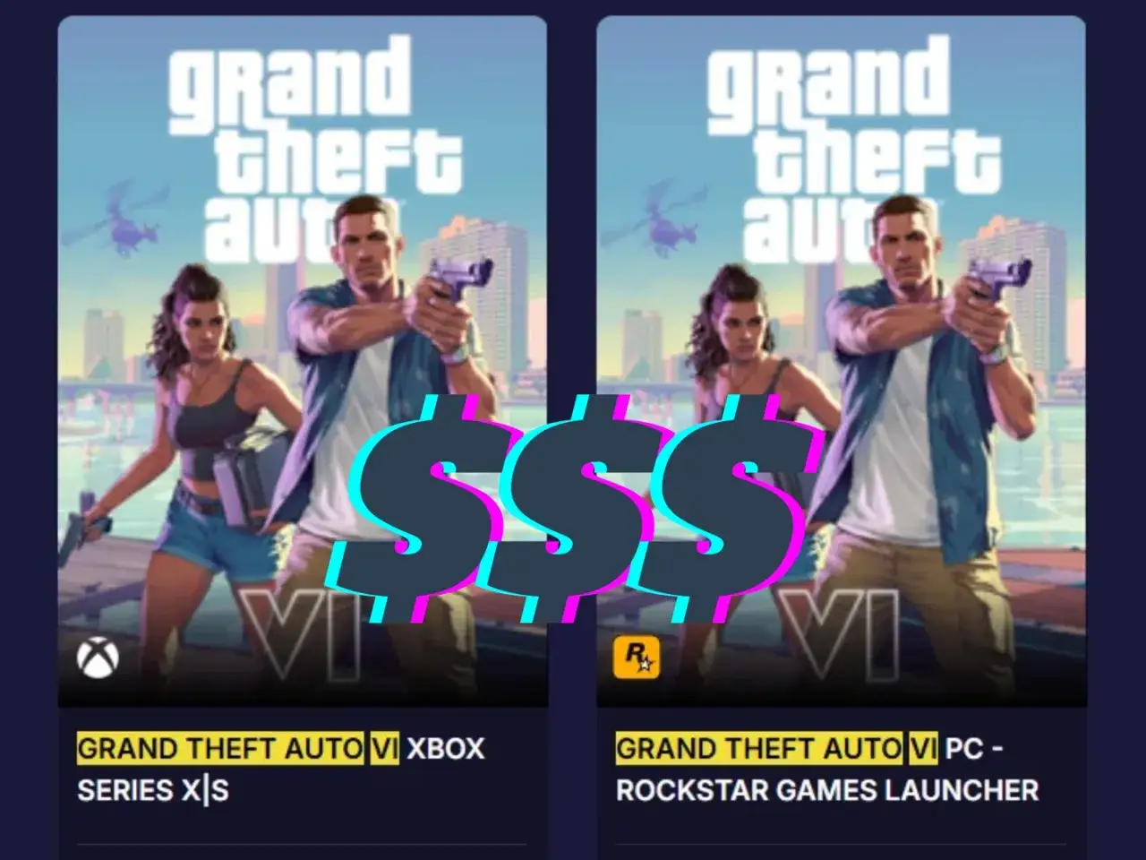 Kiedy premiera GTA 6? Dwie wersje gry, Xbox i PC, z wielkimi znakami dolara sugerującymi wysoką cenę.