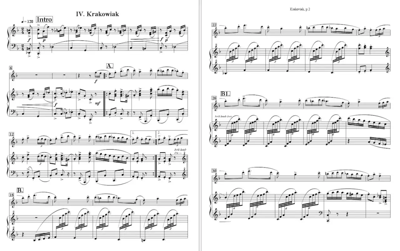 Fragment nut fortepianowych z oznaczeniem "IV. Krakowiak" i "Intro".