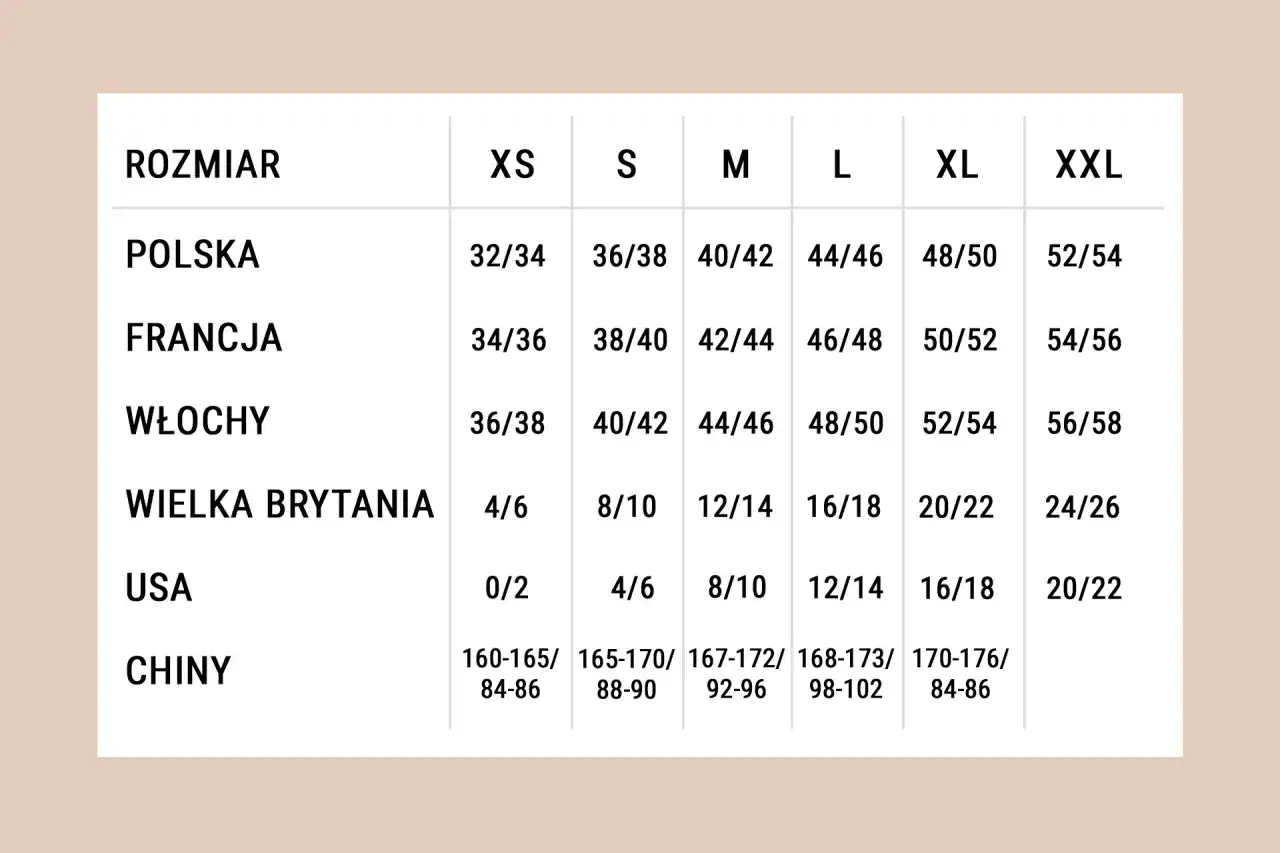 Tabela rozmiarów: rozmiar 48 to polskie 48/50, francuskie 50/52, włoskie 52/54, brytyjskie 20/22, USA 16/18, chińskie 170-176/84-86.