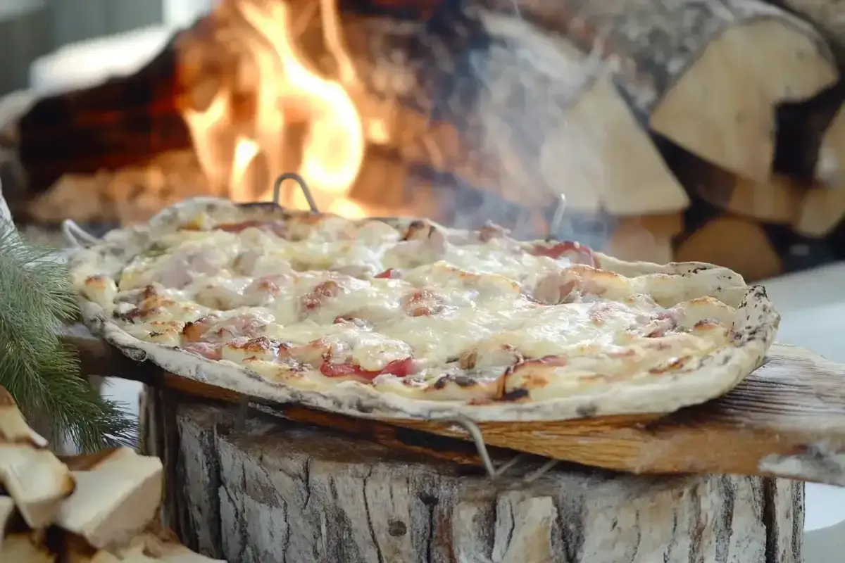 Flammekueche recette originale, dorée et gratinée, cuite au feu de bois. Une gourmandise authentique.