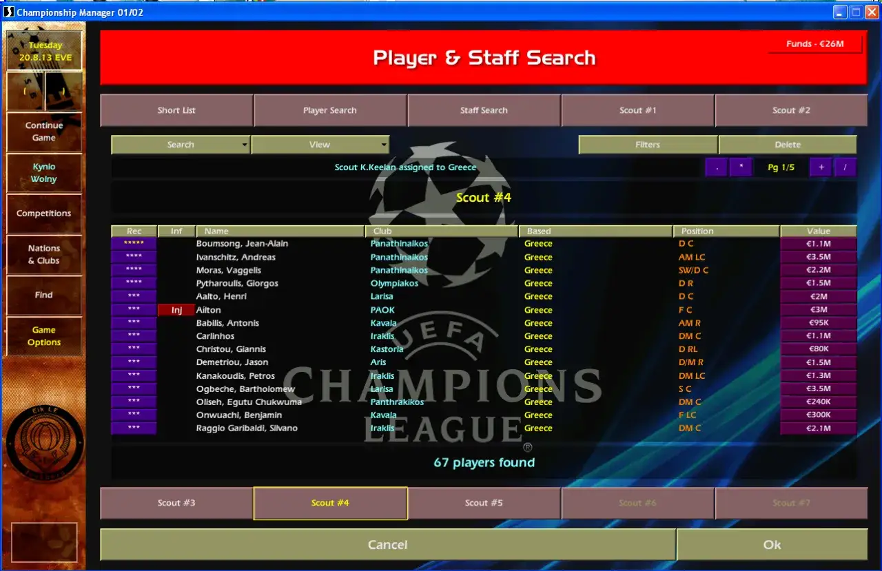 Ekran gry Championship Manager 01/02, lista wyszukanych zawodników z Grecji.