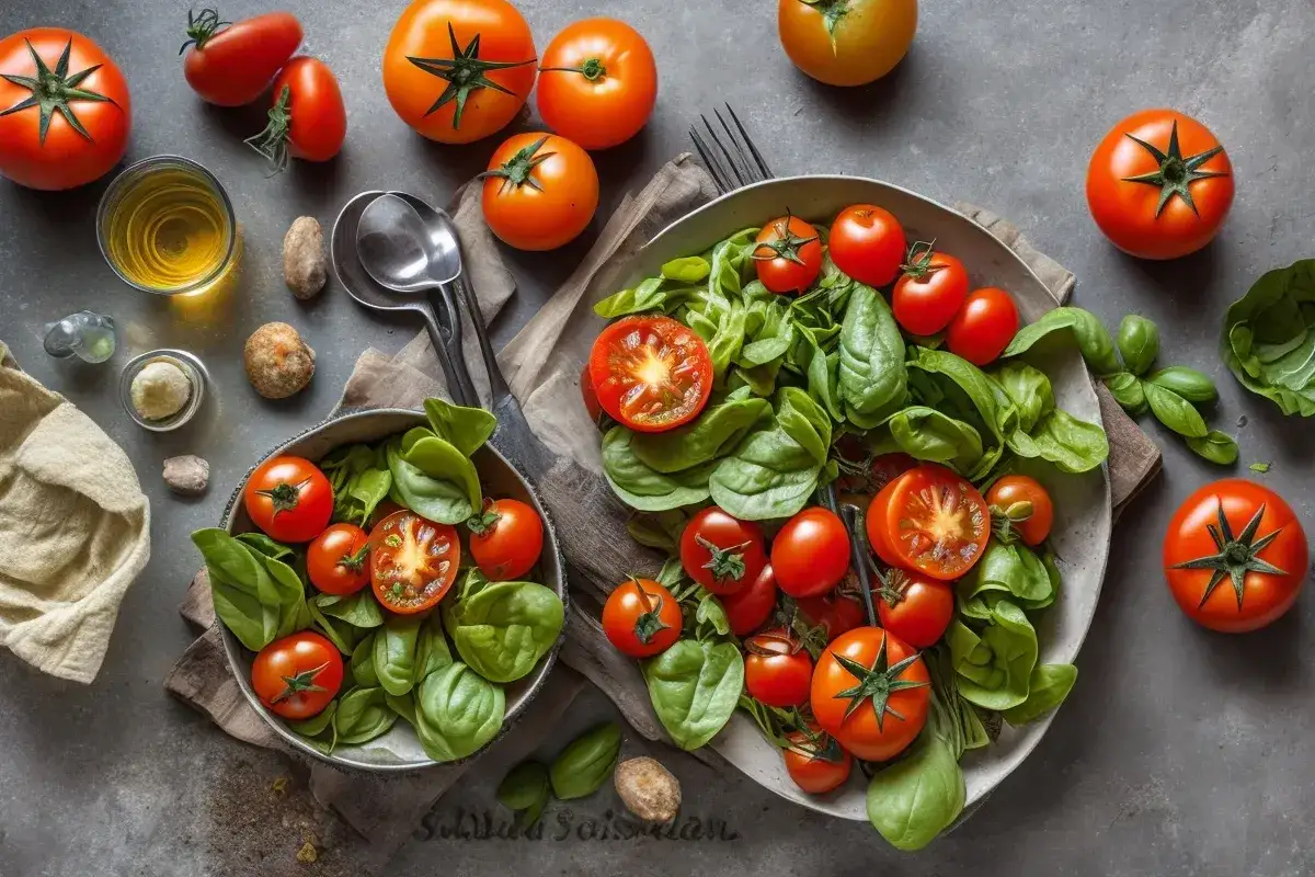 Deux salades de tomates fraîches et basilic, avec des tomates entières et coupées, sur fond gris.