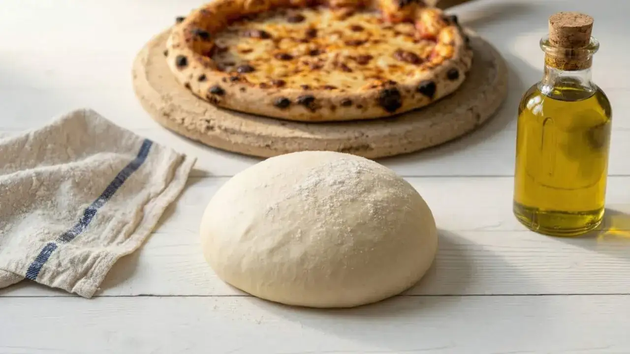 Idealne ciasto na pizzę czeka na swoją kolej. Obok świeżo upieczona pizza, oliwa i lniana ściereczka.